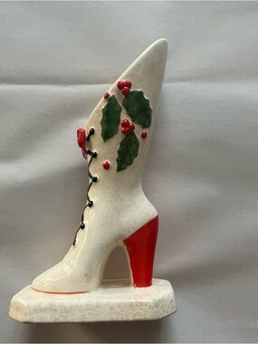Vintage Ceramic Boot Bud Vase | Holly Berry | Christmas Cottagecore Decor